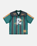 Vintage striped mesh jersey by Flation Streetwear featuring bold colorful horizontal stripes and lightweight breathable fabric.