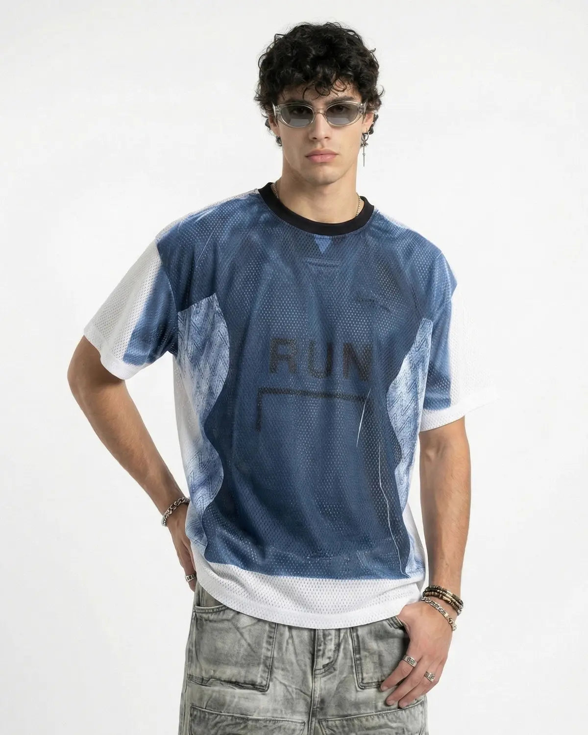 Digital printing mesh jersey t-shirt by Flation Streetwear featuring a lightweight, breathable fabric with vibrant print design.
