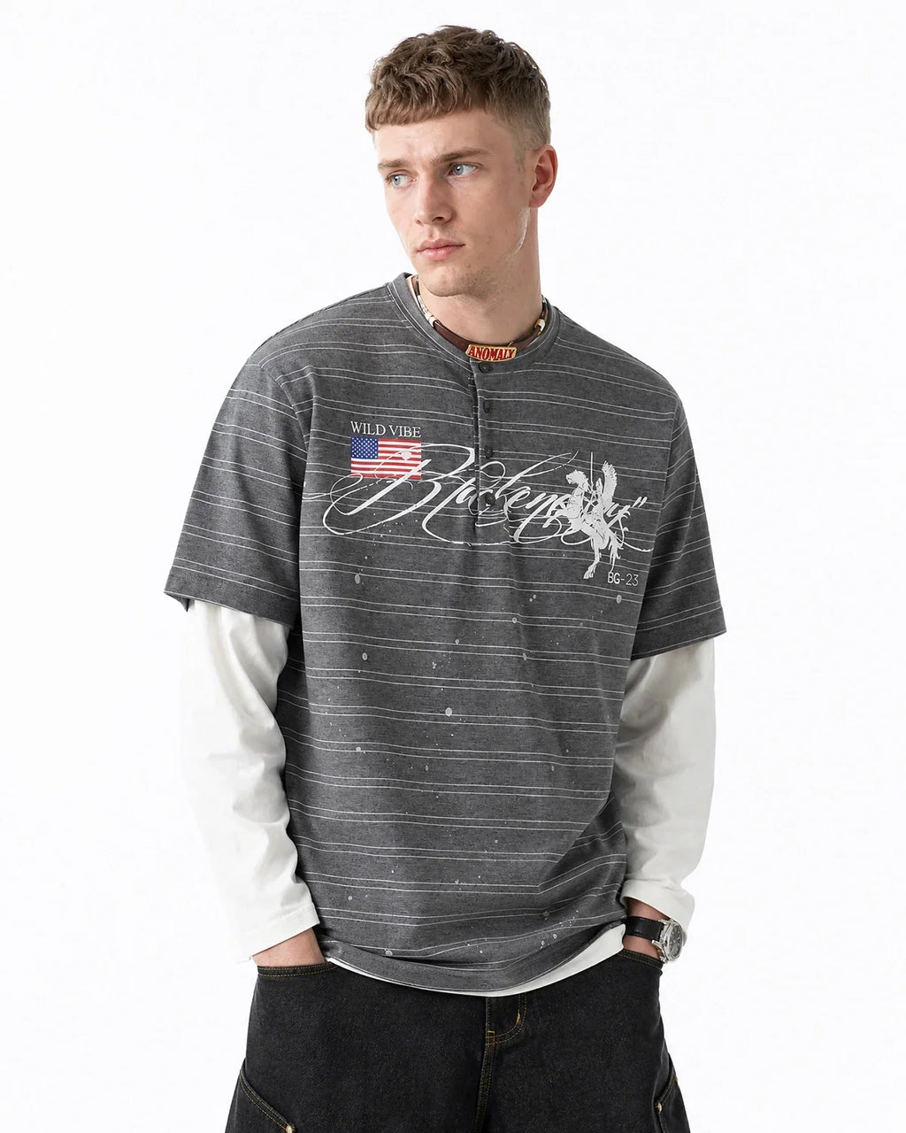 Layered Henley Stripe T-Shirt by Flation Streetwear featuring a casual striped design and layered neckline detail.