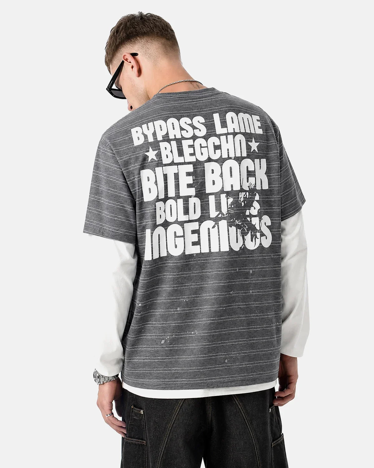 Layered Henley Stripe T-Shirt by Flation Streetwear, featuring a stylish layered design and bold stripe pattern.