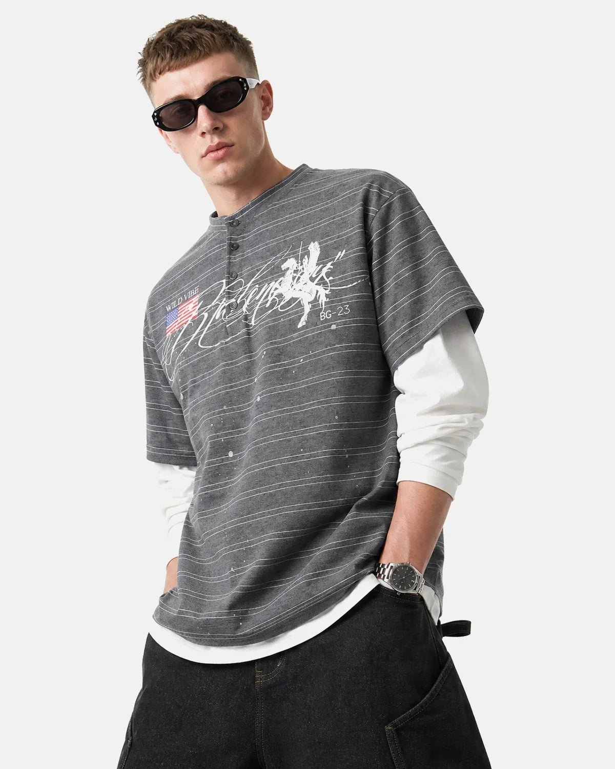 Layered Henley Stripe T-Shirt by Flation Streetwear featuring a casual striped design and layered neckline.
