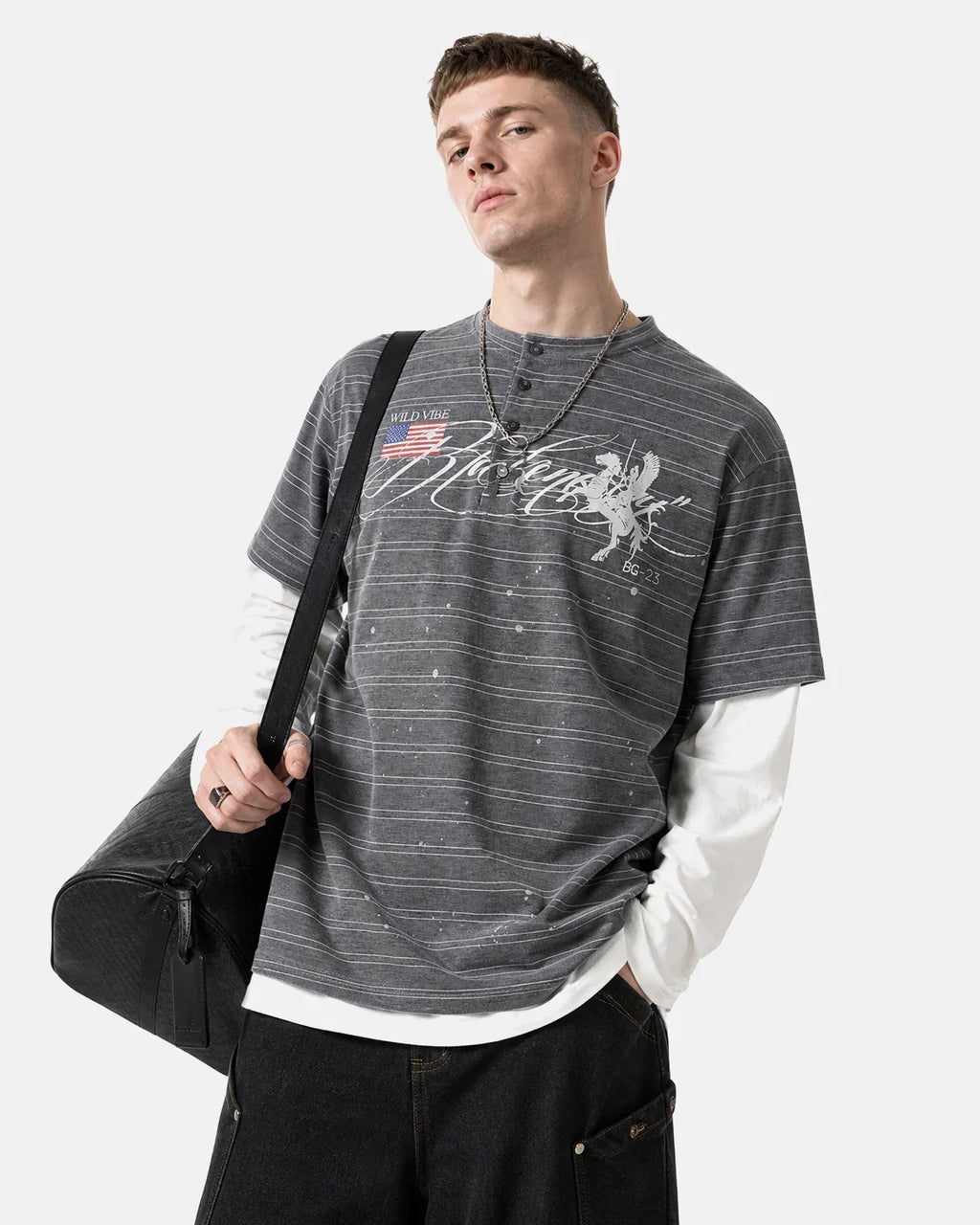 Layered Henley Stripe T-Shirt by Flation Streetwear featuring a stylish layered design and bold horizontal stripes.