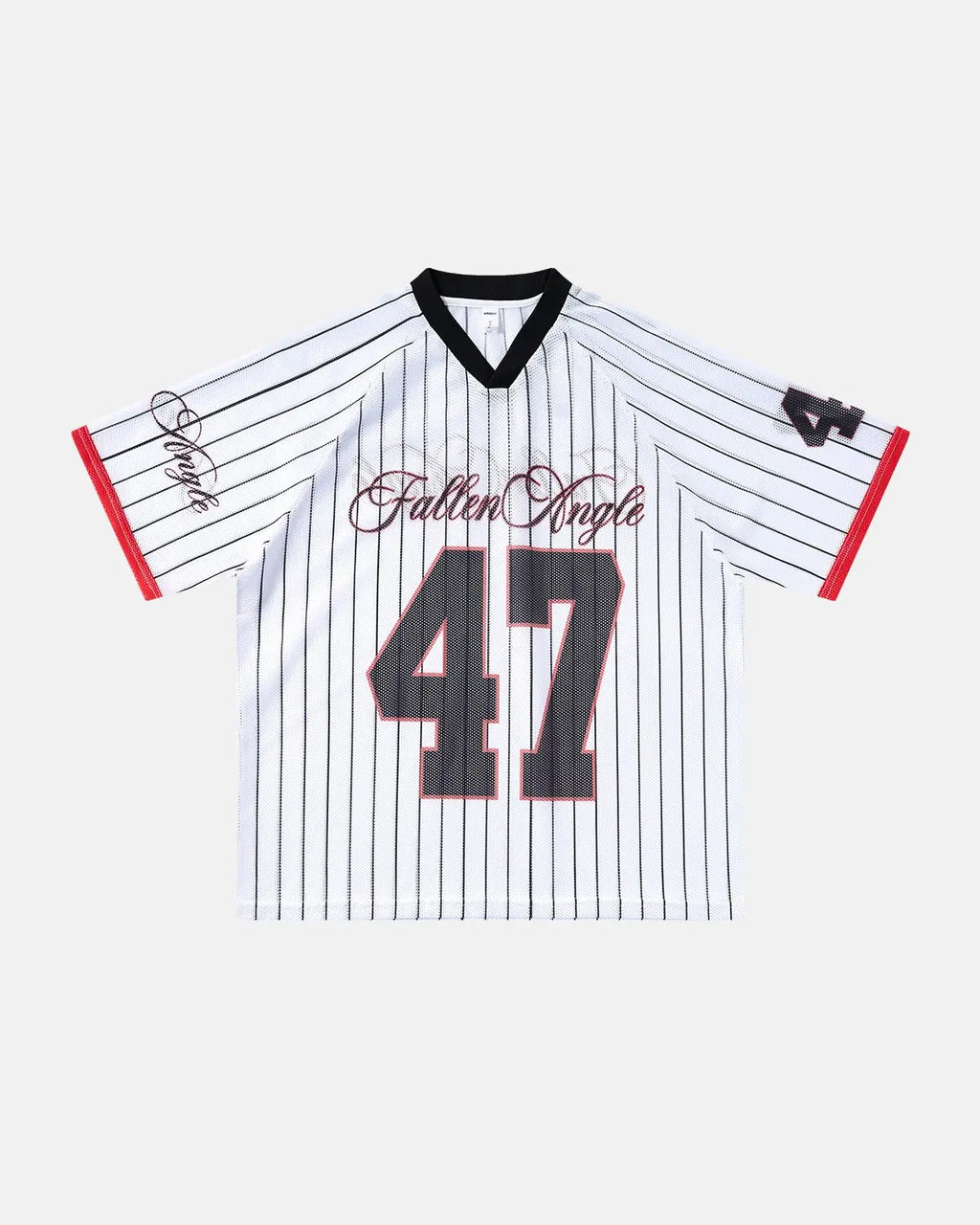 Flation Pinstripe Number Mesh Jersey featuring a fitted design, black and white pinstripe pattern, and sporty streetwear style.