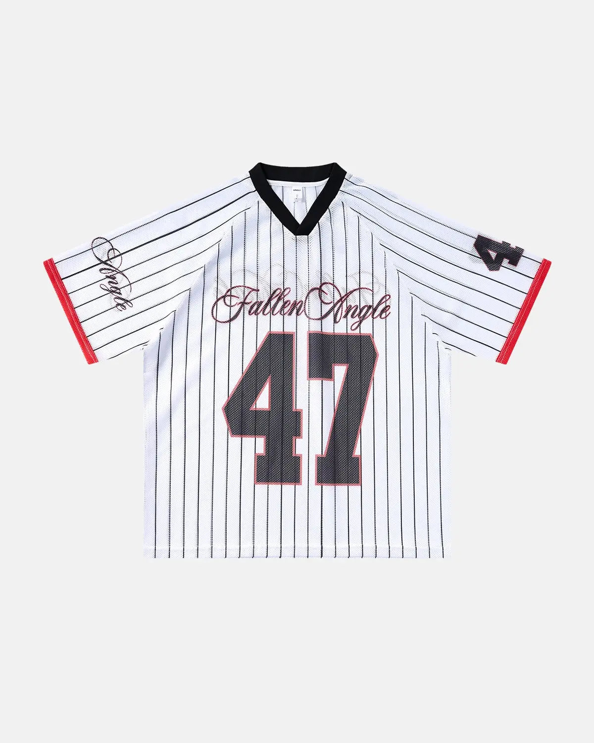 Flation Pinstripe Number Mesh Jersey featuring a fitted design, black and white pinstripe pattern, and sporty streetwear style.
