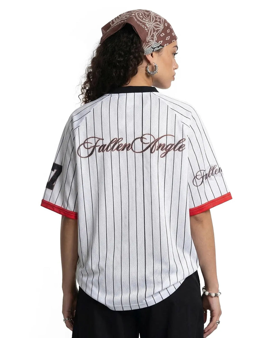 Flation Pinstripe Number Mesh Jersey featuring black and white pinstripe design, sleeveless, lightweight streetwear top.