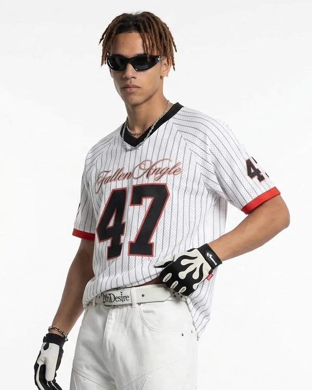 Flation Pinstripe Number Mesh Jersey featuring black and white pinstripe design and bold number details on lightweight mesh fabric.