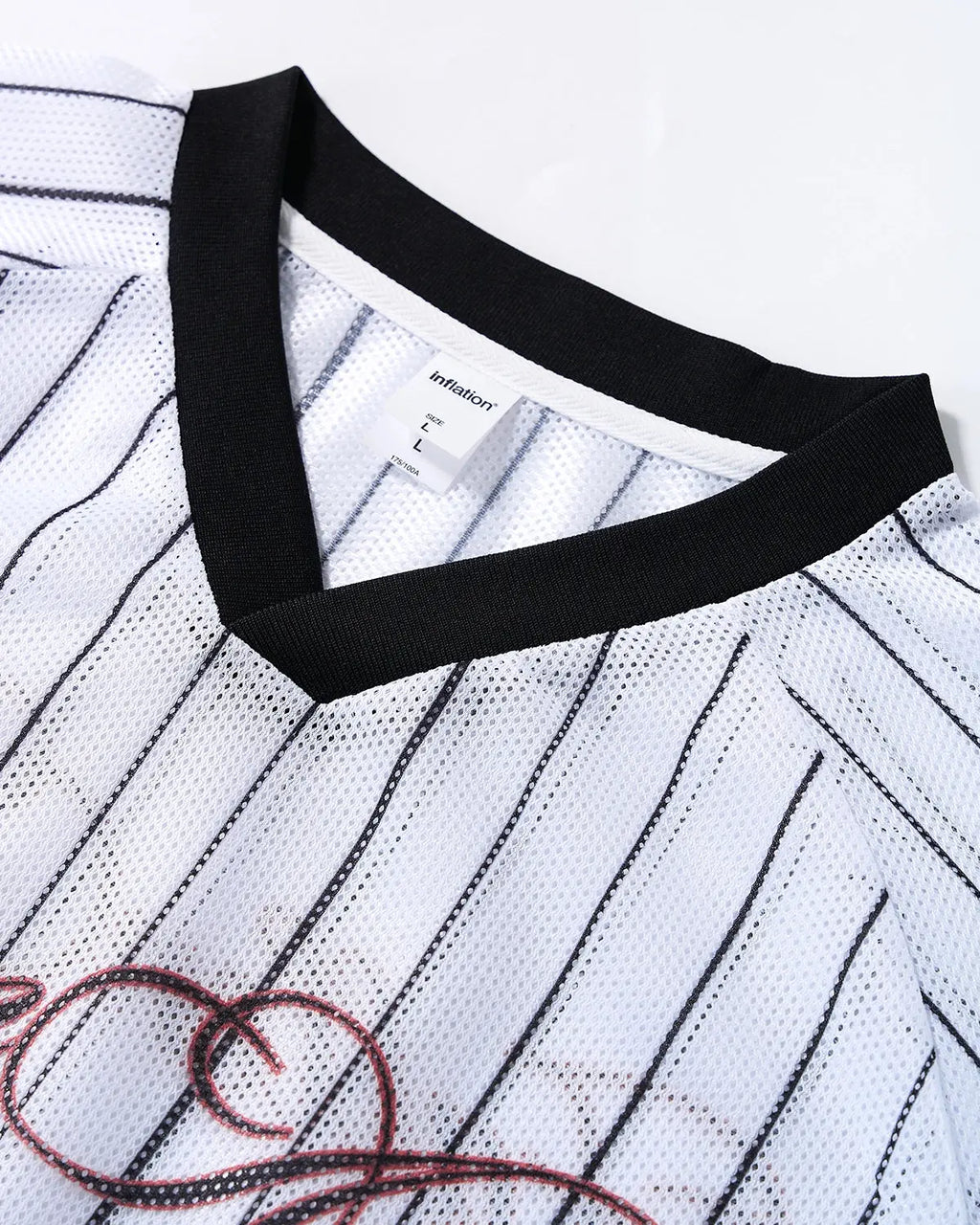 Flation Pinstripe Number Mesh Jersey featuring a stylish black and white pinstripe design and bold number graphics on breathable fabric.