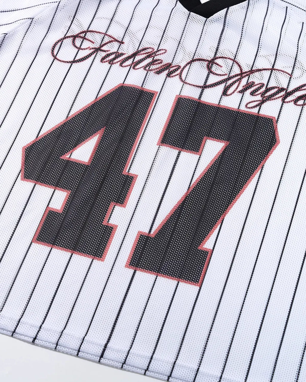Flation Pinstripe Number Mesh Jersey featuring black and white pinstripes, lightweight mesh fabric, and athletic streetwear style.