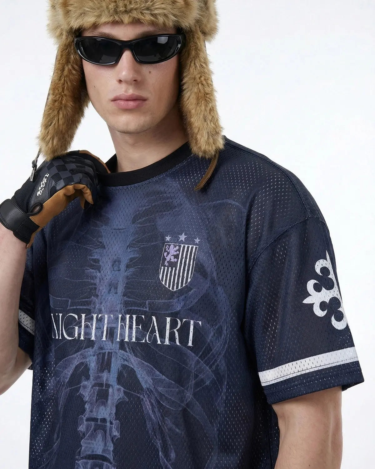Men's X-Ray Skeleton Graphic Mesh Jersey by Flation Streetwear, featuring a bold skeletal print on lightweight mesh fabric.