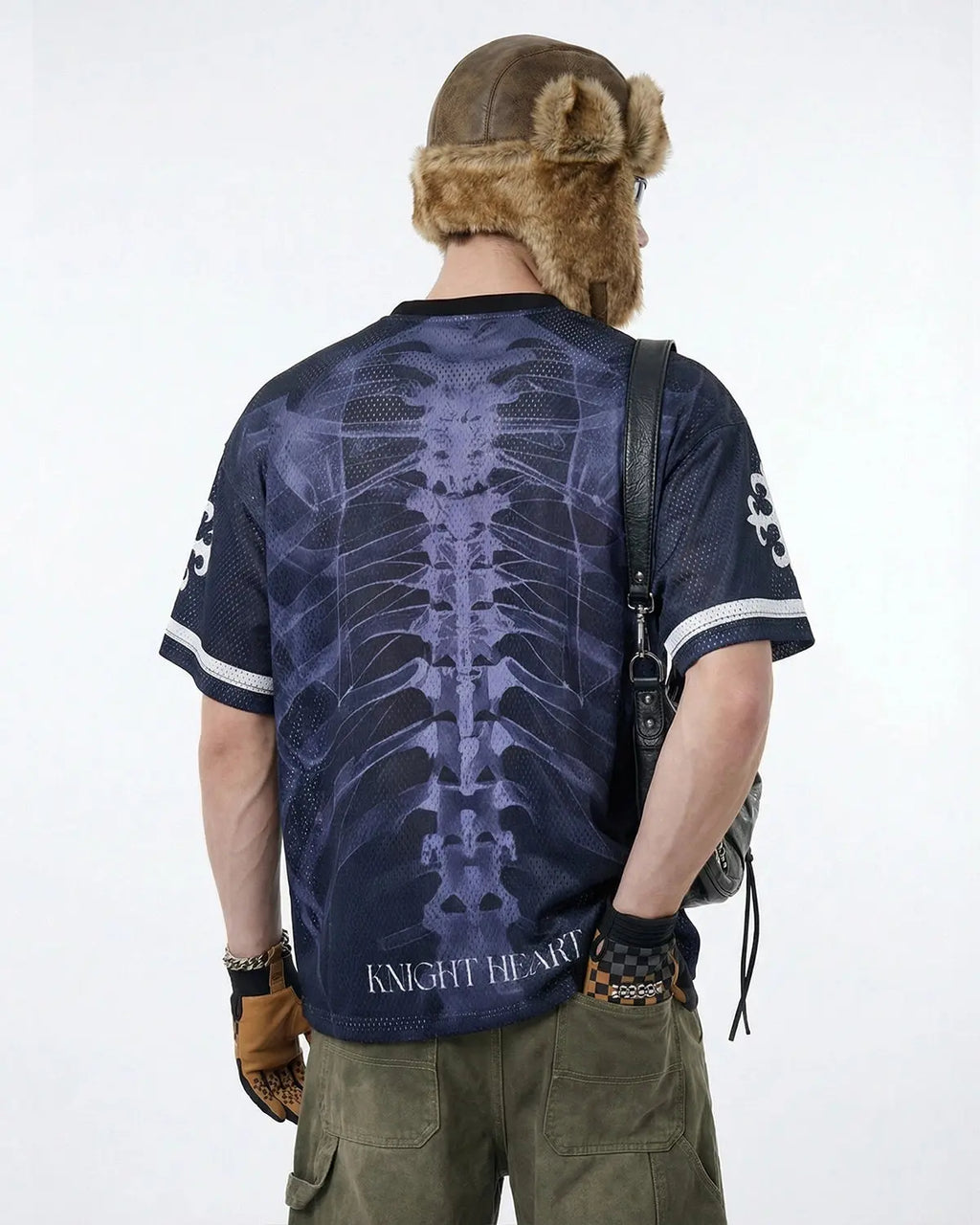 X-Ray Skeleton Graphic Mesh Jersey by Flation Streetwear showing a detailed skeletal print on lightweight mesh fabric