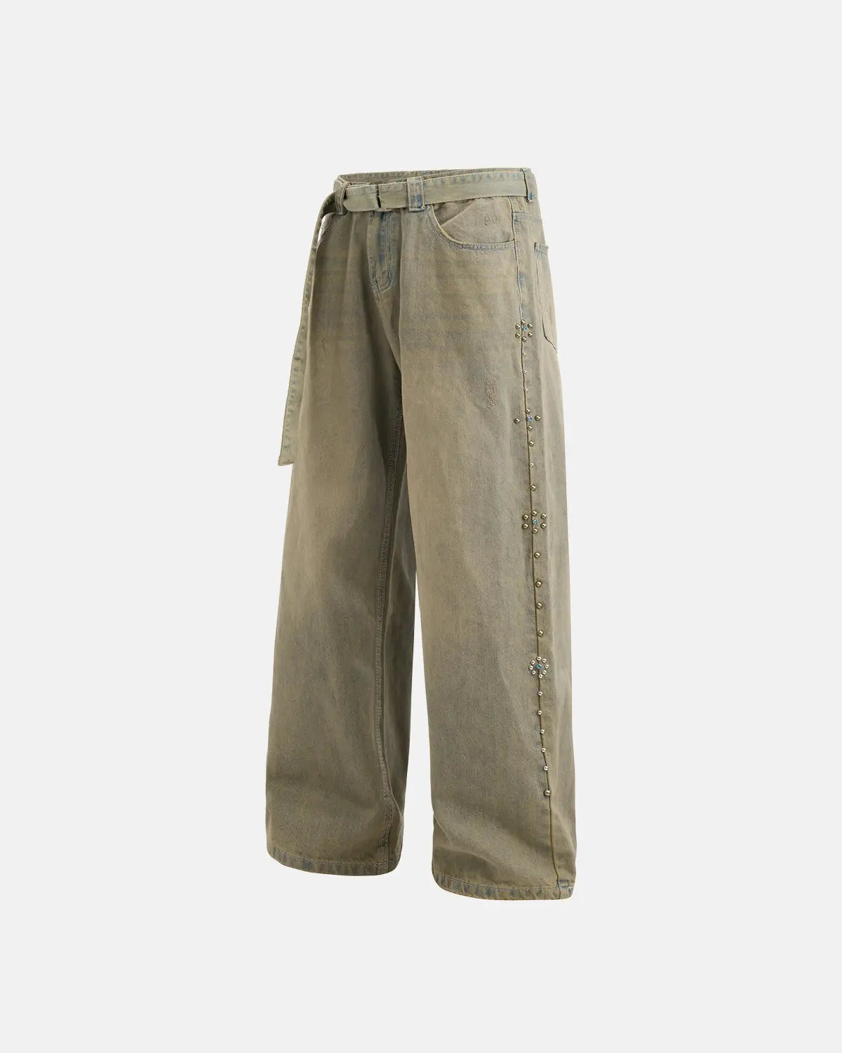 Light blue washed baggy jeans with beaded and studded details from Flation Streetwear, shown on a hanger.