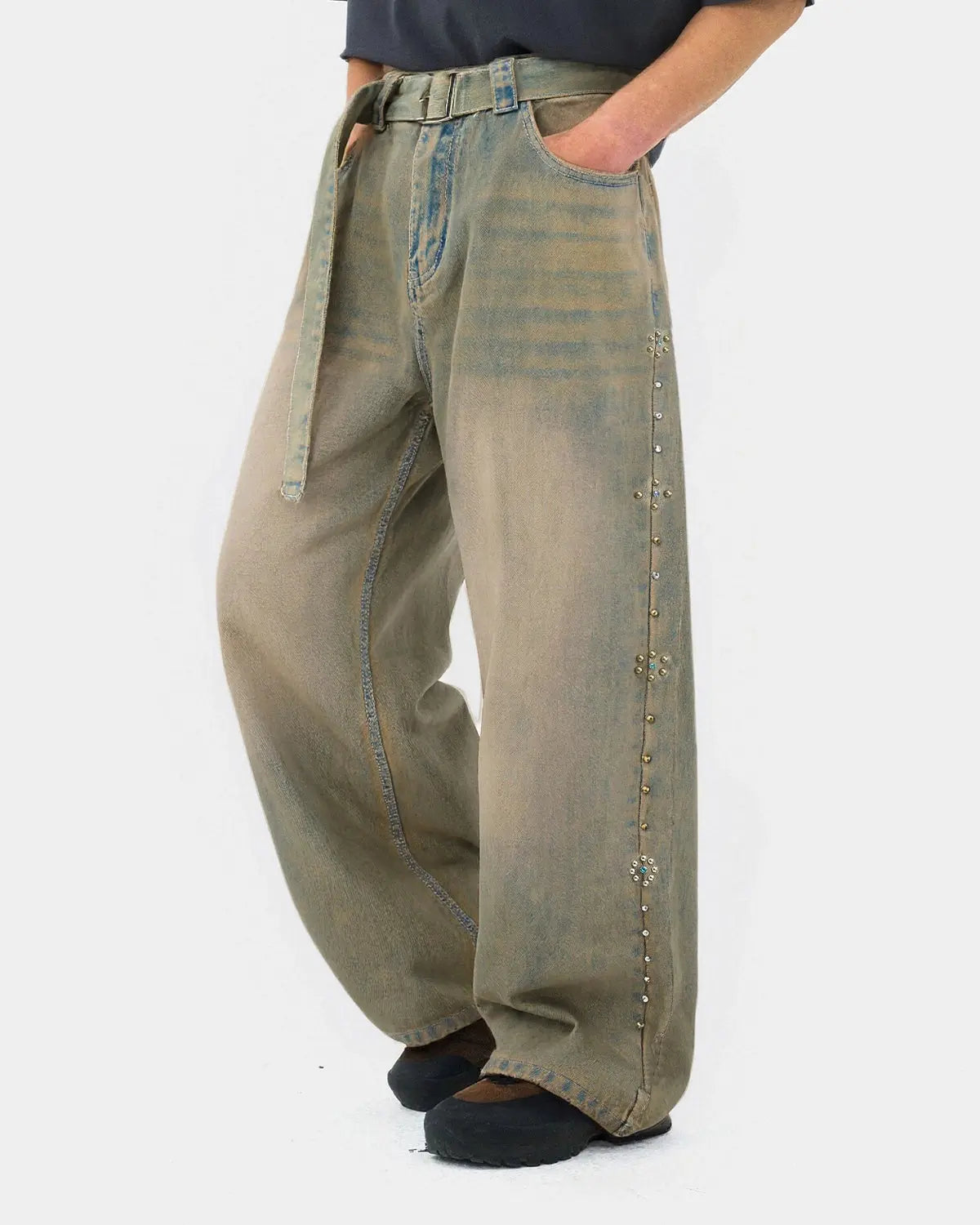 Flation Beaded Studded Washed Baggy Jeans with distressed details and relaxed fit, streetwear style with decorative bead and stud accents.