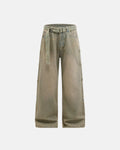 Beaded studded washed baggy jeans by Flation Streetwear, showing relaxed fit with beaded embellishments and distressed denim details.
