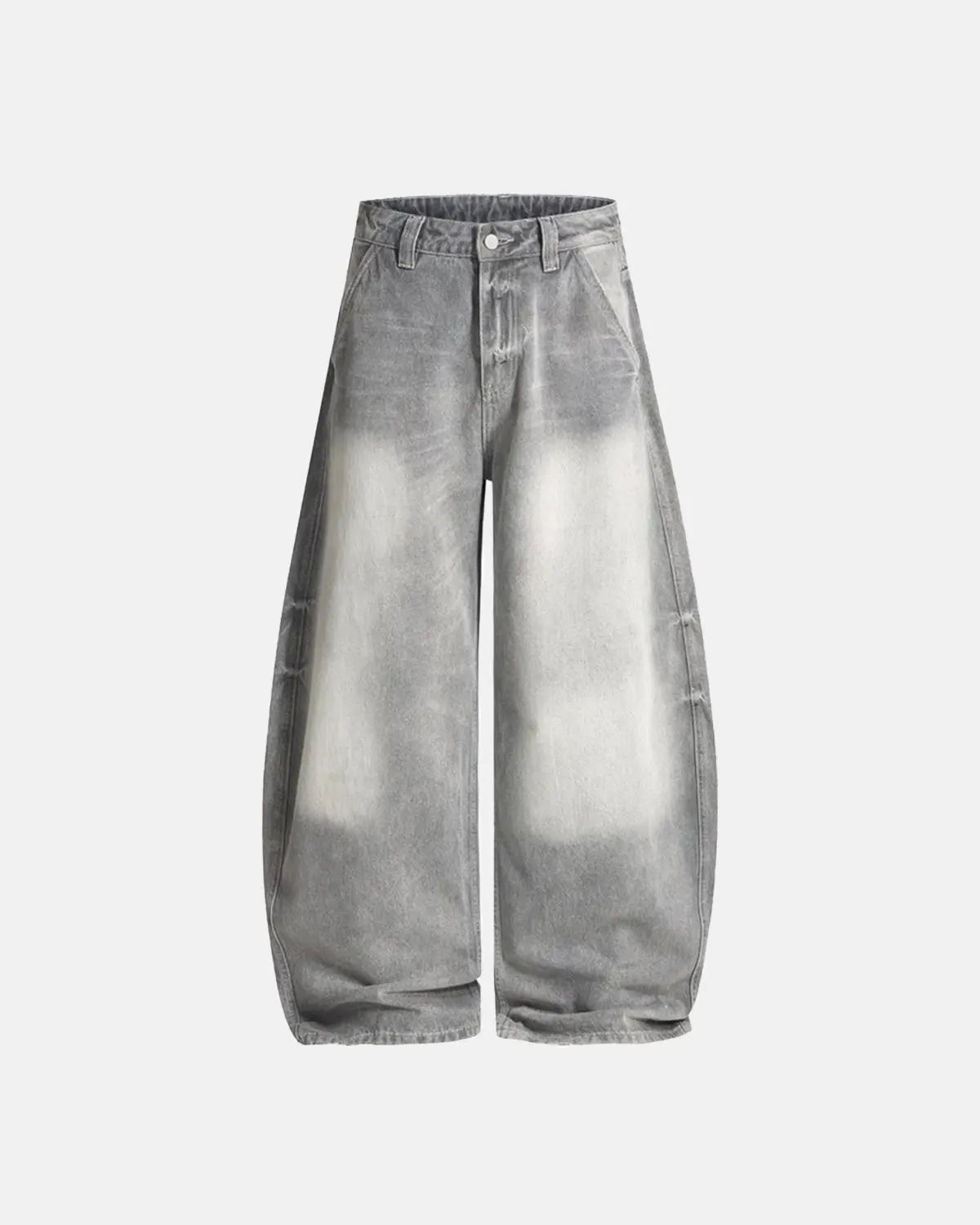 Blue acid wash barrel jeans by Flation Streetwear, showing relaxed fit and textured denim with a stylish vintage look.