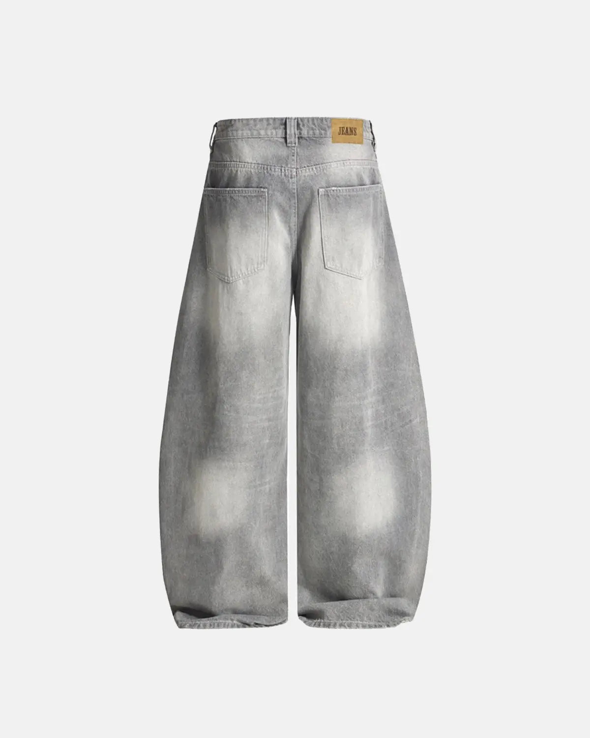 Blue acid wash barrel jeans by Flation Streetwear featuring relaxed fit and distressed denim for a stylish casual look.