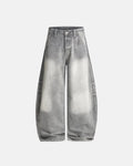 Blue acid wash barrel jeans from Flation Streetwear, showcasing relaxed fit and stylish denim with a unique wash pattern.