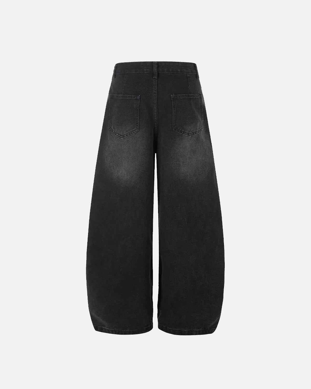 Distressed eyelet barrel jeans by Flation Streetwear featuring worn denim and eyelet embellishments, shown on a model.