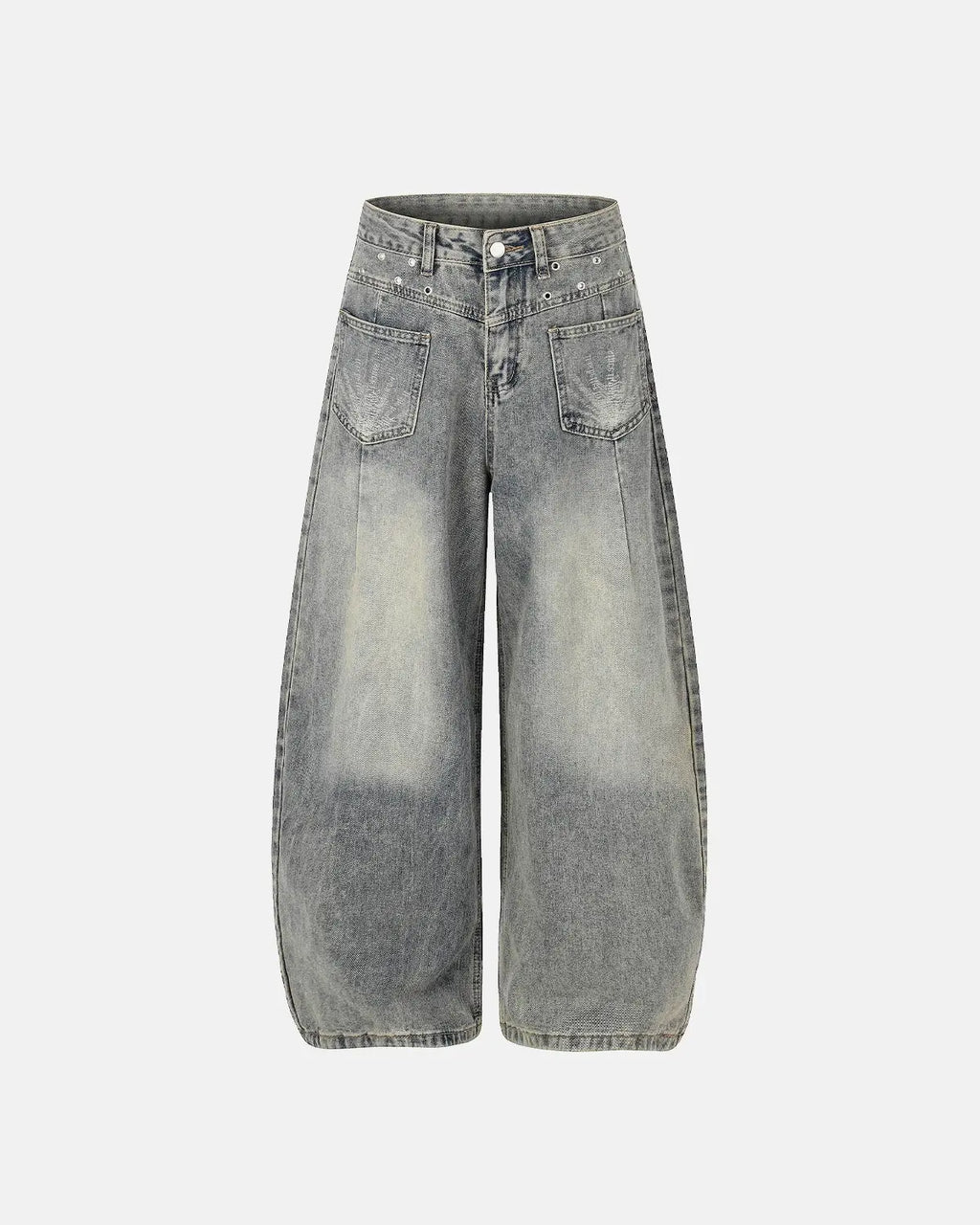 Distressed eyelet barrel jeans by Flation Streetwear featuring a relaxed fit, ripped details, and eyelet embellishments.