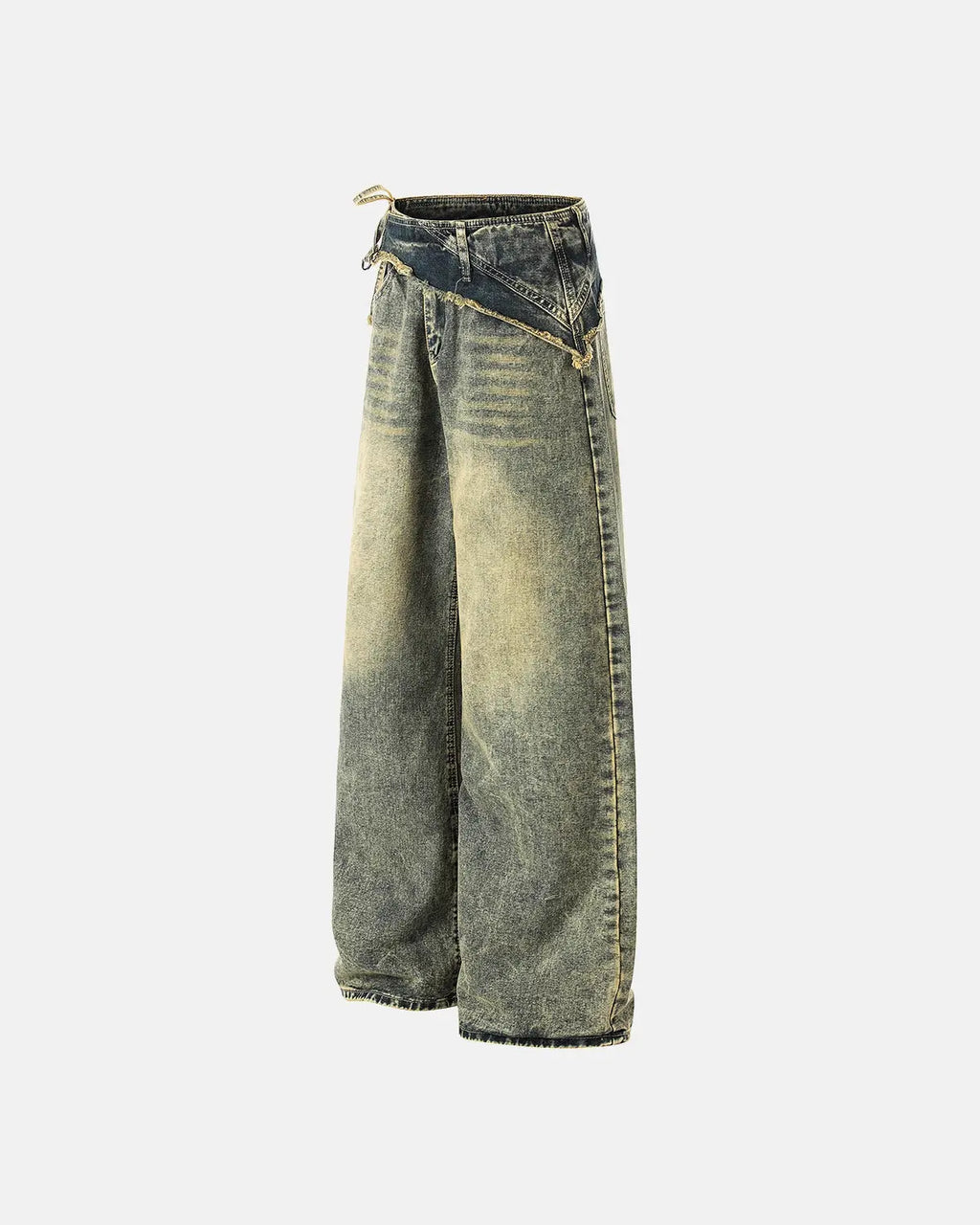 Distressed washed wide-leg denim jeans by Flation Streetwear, featuring a relaxed fit and faded distressed details.