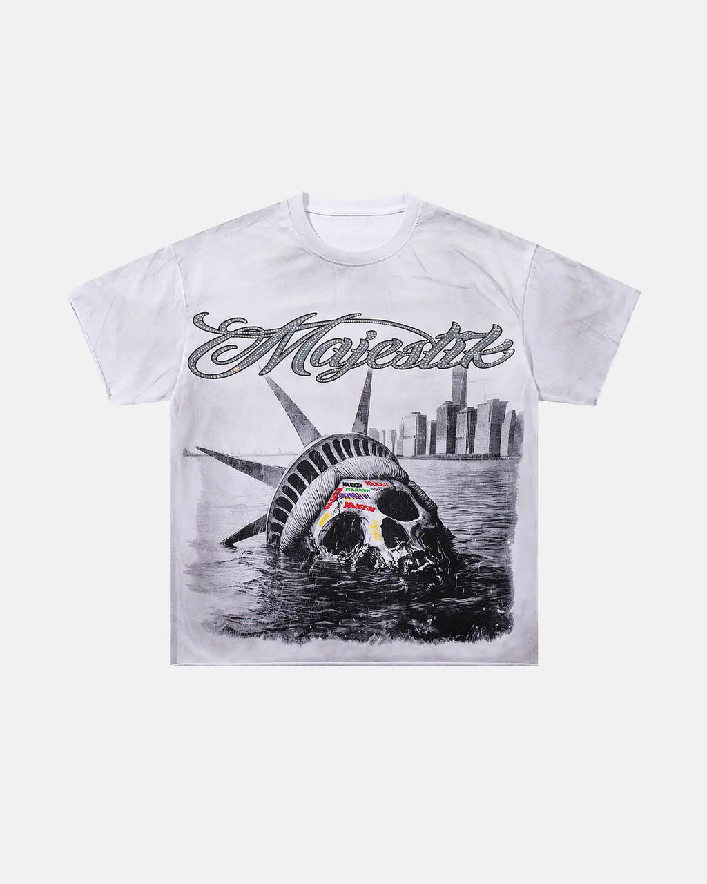 Inflation Streetwear Rhinestone Washed Graphic T-Shirt featuring bold, sparkling rhinestone details and a casual washed denim look.