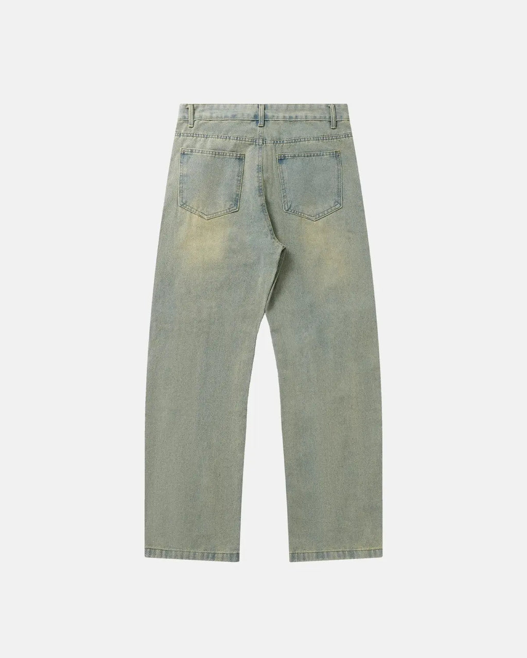 Vintage washed baggy jeans by Flation Streetwear, relaxed fit with distressed details, casual denim style, front and back view.