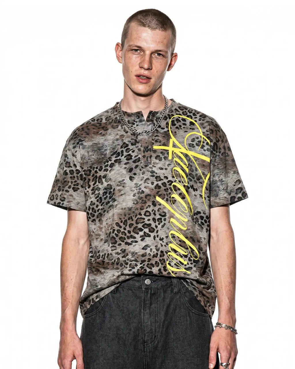 Baby leopard script Henley tee by Flation Streetwear, featuring a cute leopard print and henley neckline in soft fabric.