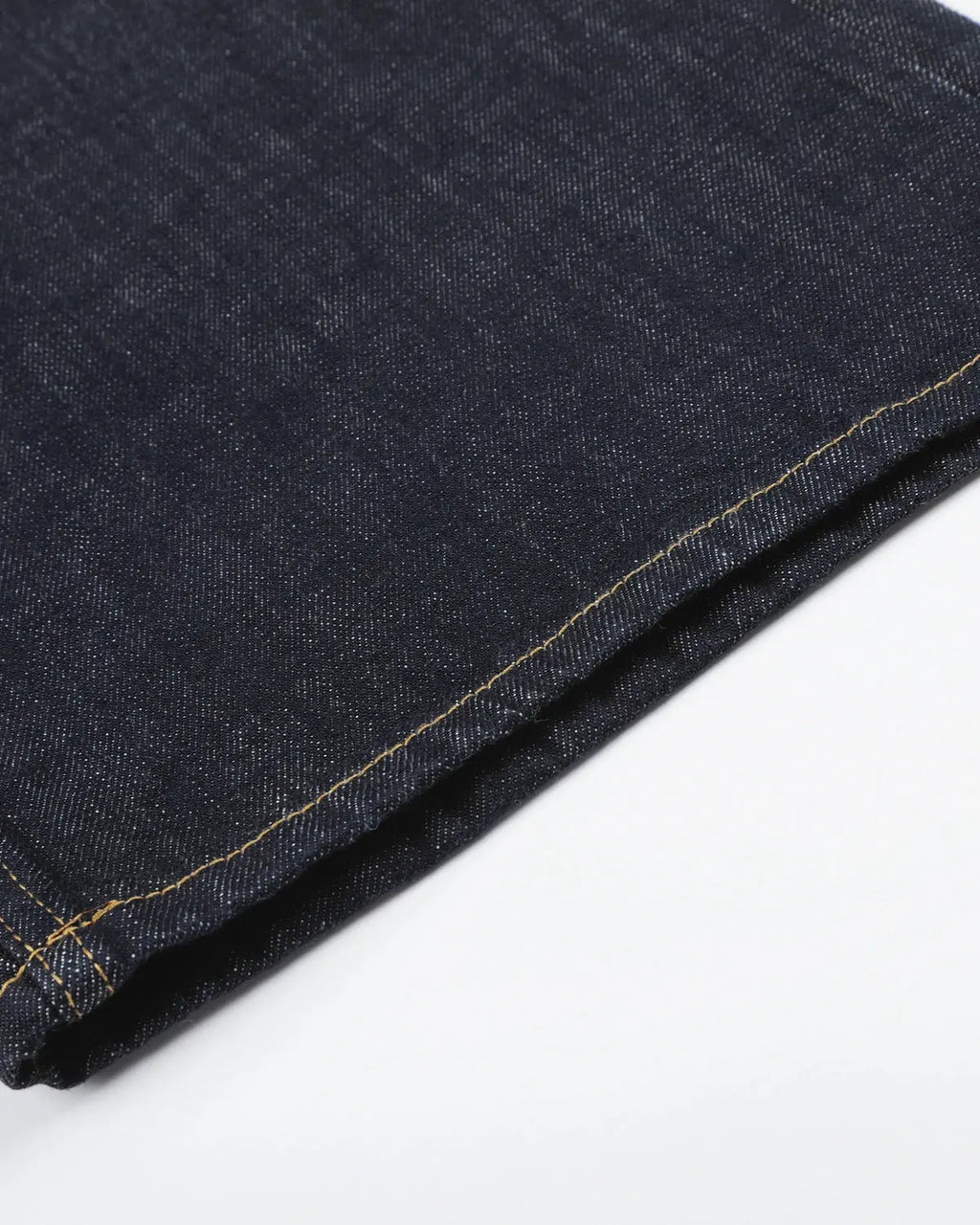 Black and blue Flation streetwear wide-leg jeans with button details and raw hem, featuring a relaxed fit and stylish design.