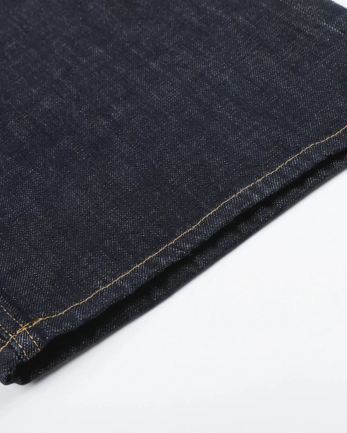 Black and blue Flation streetwear wide-leg jeans with button details and raw hem, featuring a relaxed fit and stylish design.