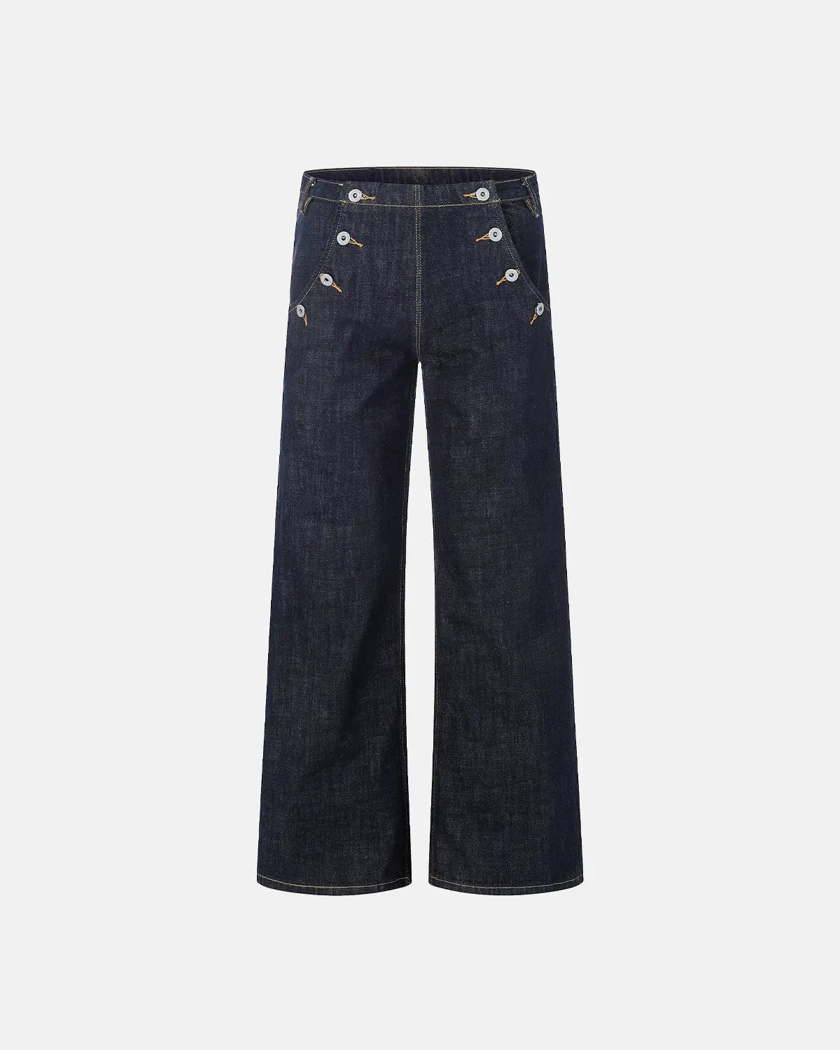 Black and blue wide-leg jeans with button details from Flation Streetwear, featuring a raw hem and relaxed fit.