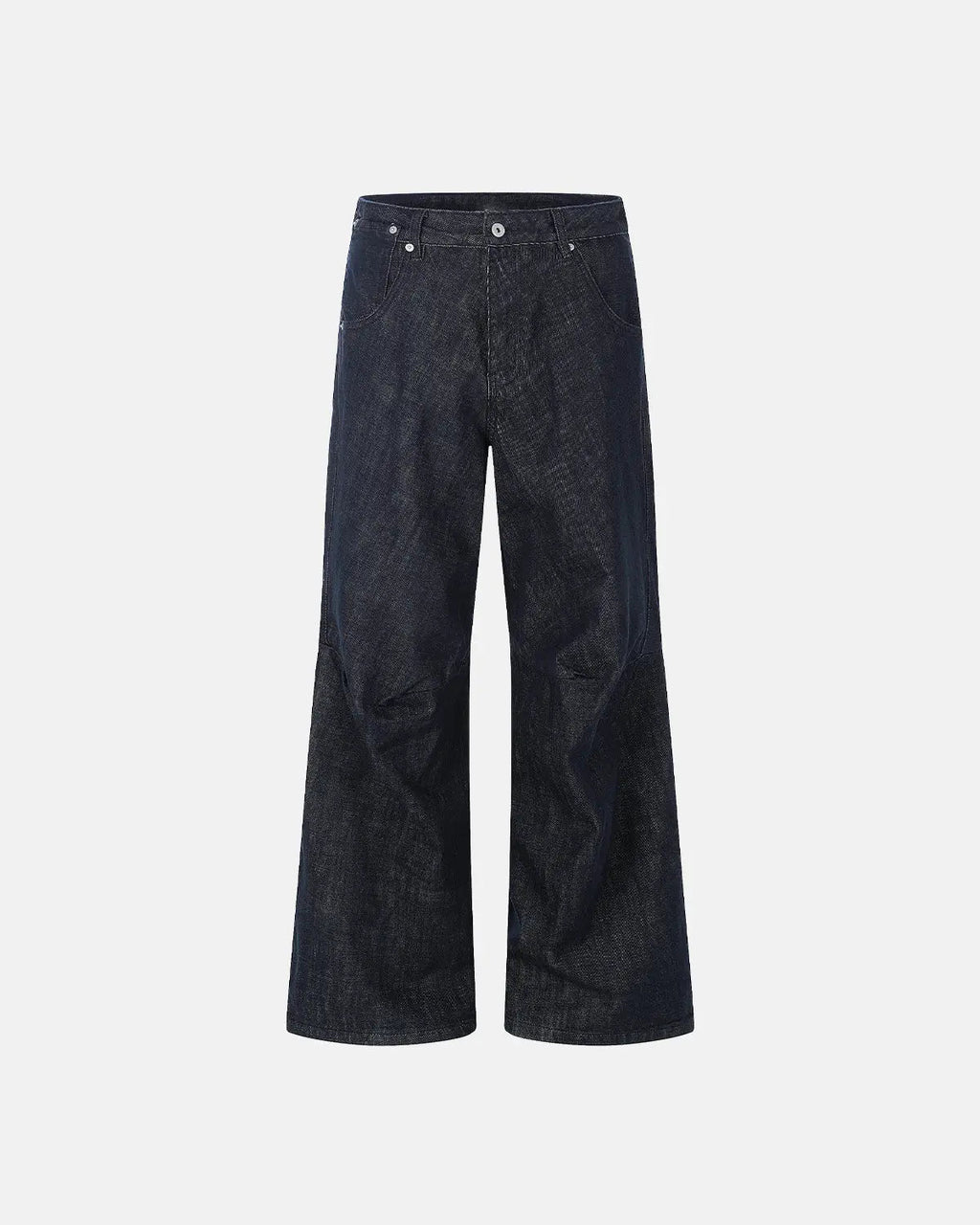 Black and blue Cinch Back Raw Baggy Jeans by Flation Streetwear, featuring a relaxed fit and distressed denim style.