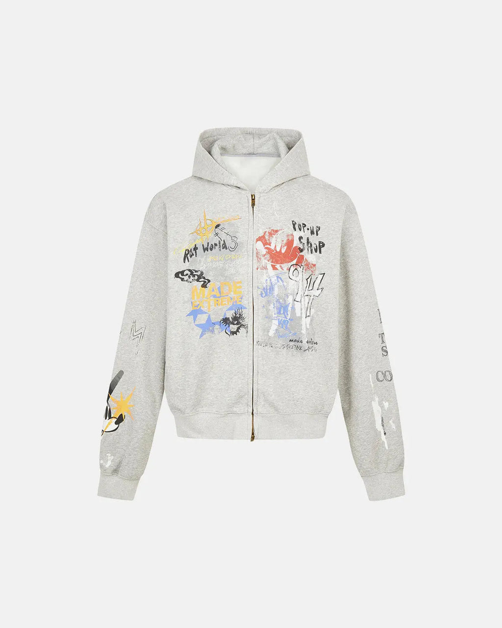 Black boxy graffiti zip-up hoodie by Flation streetwear with bold graffiti design on the front and a comfortable fit.