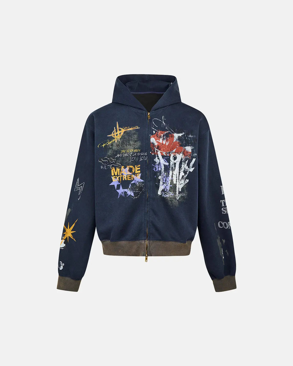 Black boxy graffiti zip-up hoodie from Flation Streetwear, featuring bold street art design and a comfortable fit.