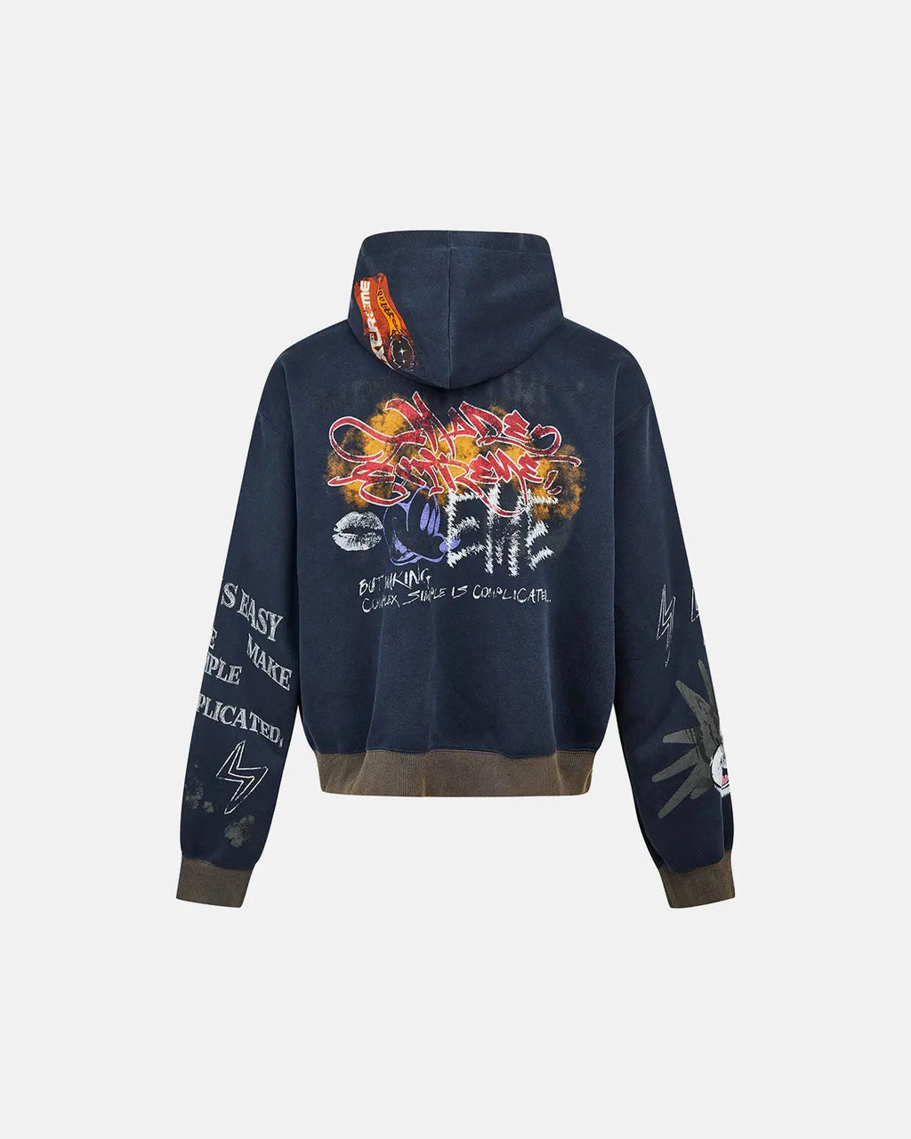 Black boxy graffiti zip-up hoodie by Flation Streetwear, featuring bold graffiti design and a casual streetwear style.