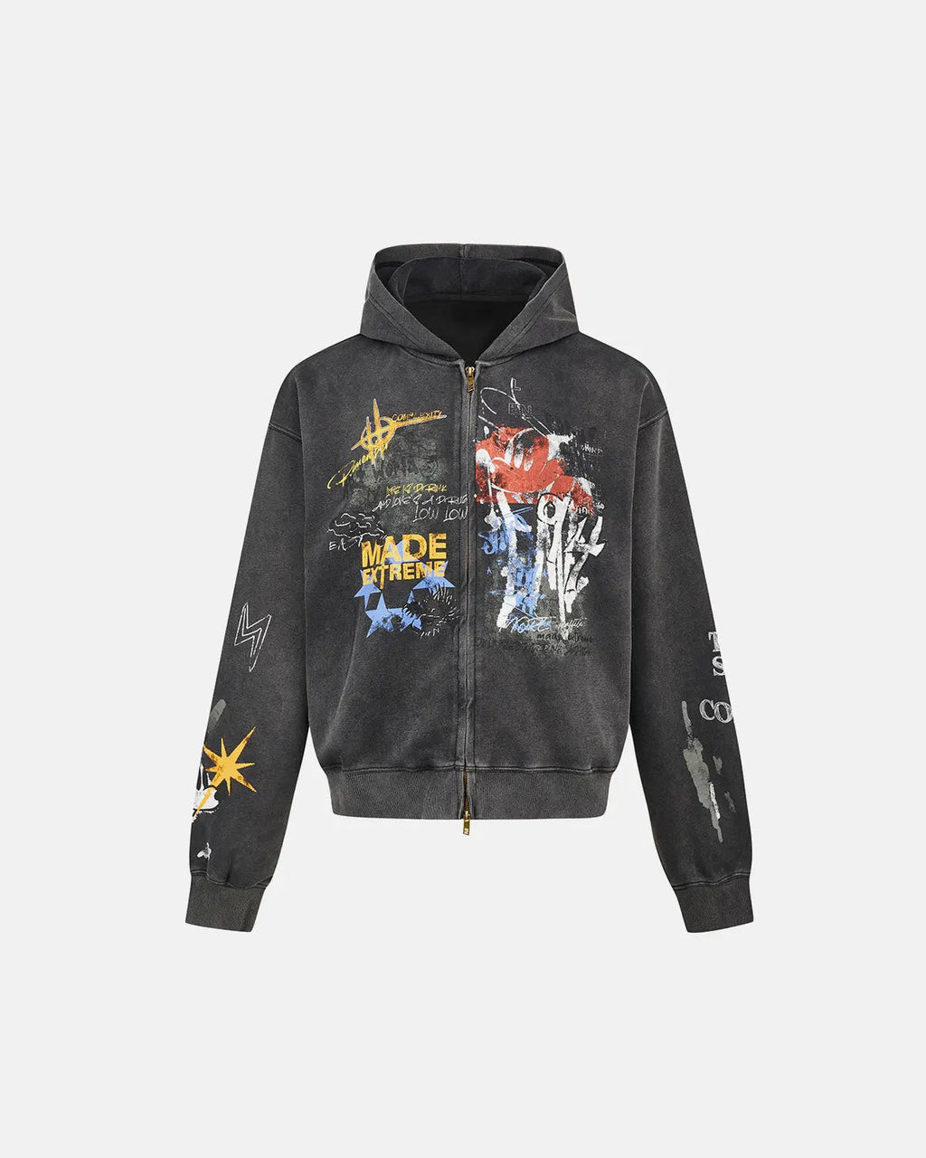 Black boxy graffiti zip-up hoodie by Flation Streetwear featuring bold graffiti designs on the front.