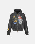 Black boxy graffiti zip-up hoodie by Flation Streetwear, featuring bold street art designs and a comfortable fit.