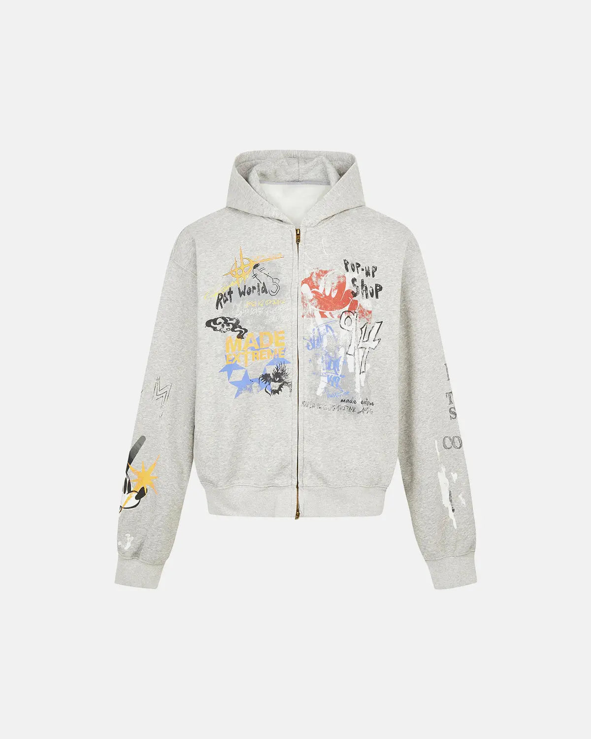 Black boxy graffiti zip-up hoodie by Flation Streetwear, featuring bold graffiti designs on the front and a comfortable fit.