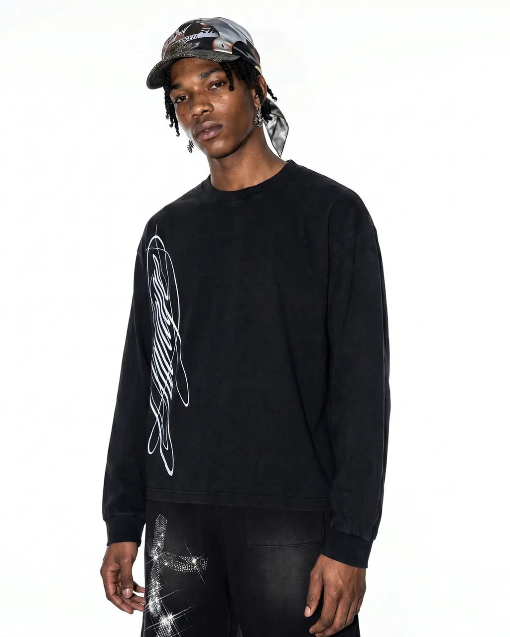 Black Flation streetwear boxy script graphic washed T-shirt featuring bold lettering and relaxed fit.