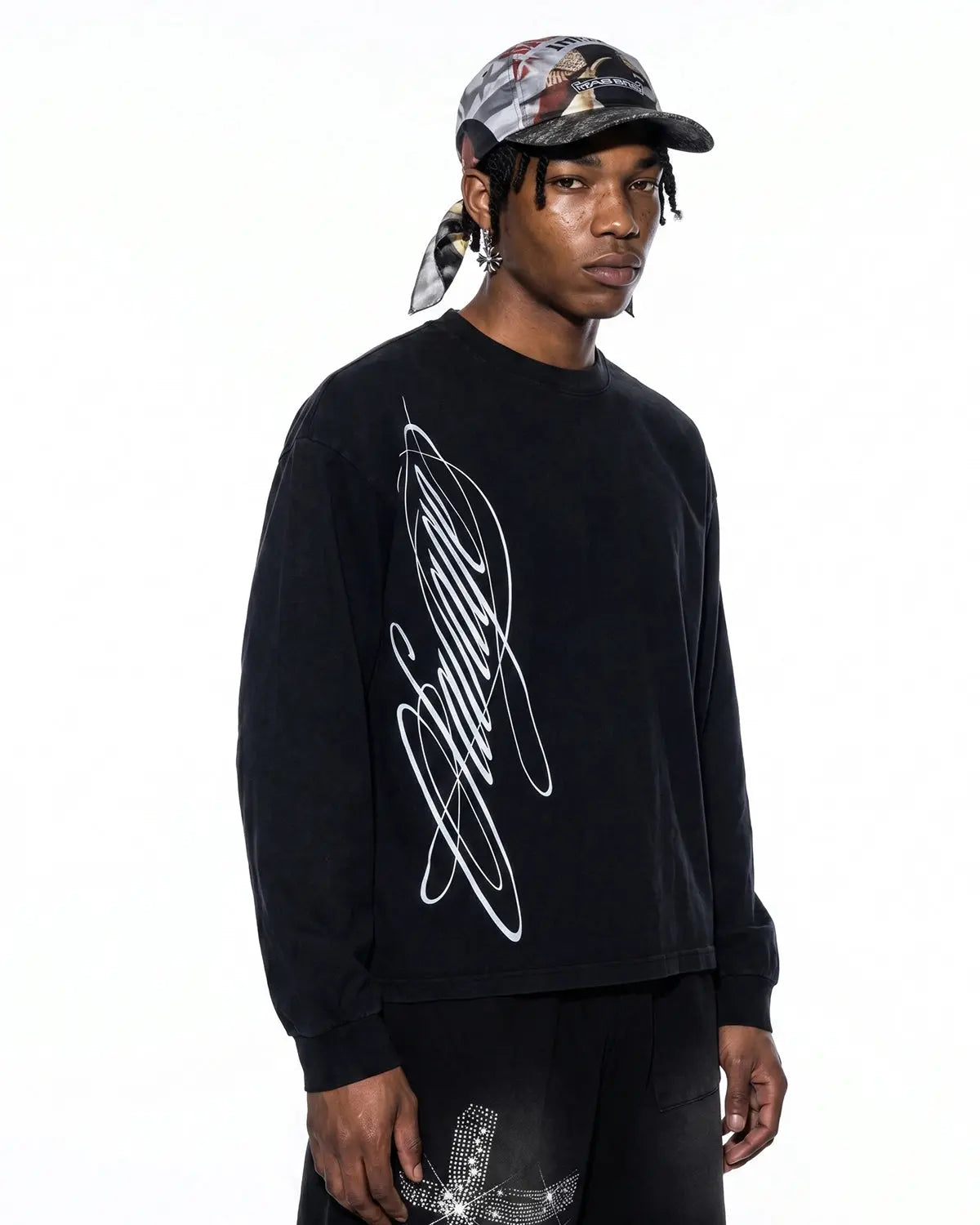 Black Flation Boxy Script Graphic Washed T-shirt featuring bold lettering and relaxed fit, streetwear style.