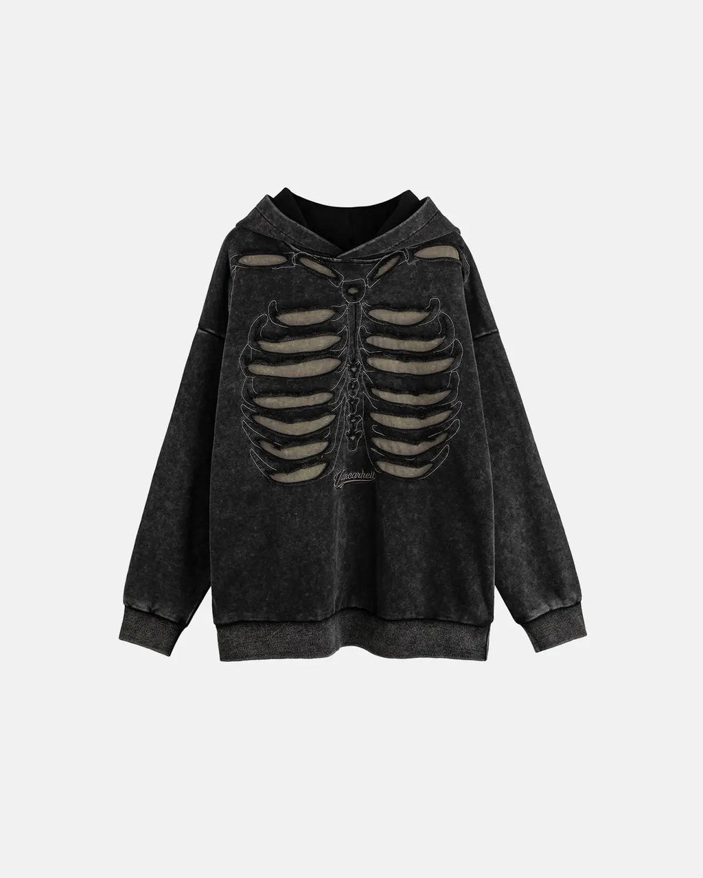 Black distressed ribcage wash hoodie by Flation Streetwear, featuring a relaxed fit and urban style with worn detailing.