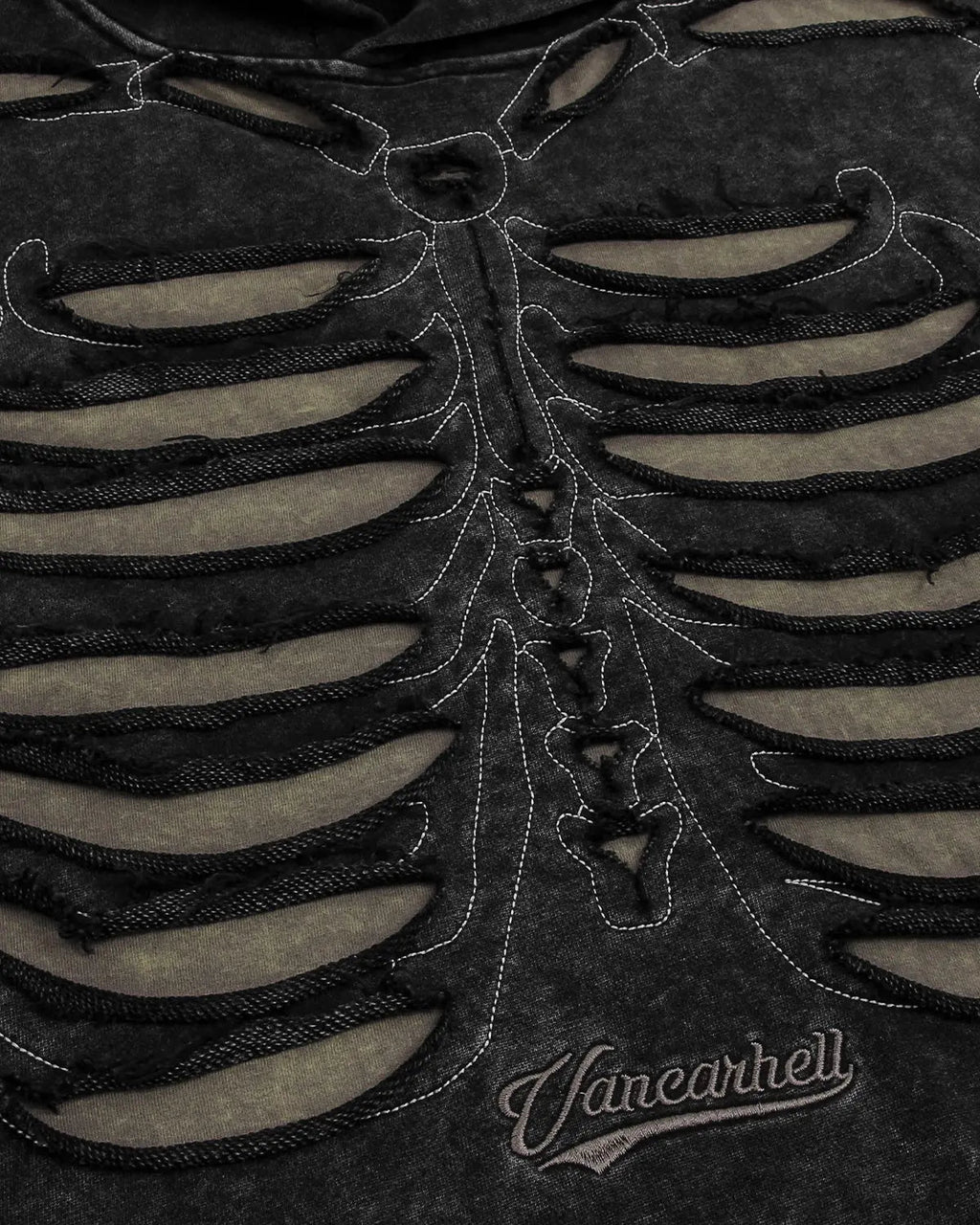 Black distressed ribcage wash hoodie by Flation Streetwear, featuring a relaxed fit and vintage-inspired design.