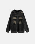 Black distressed ribcage wash hoodie by Flation Streetwear, featuring a relaxed fit and unique textured design.