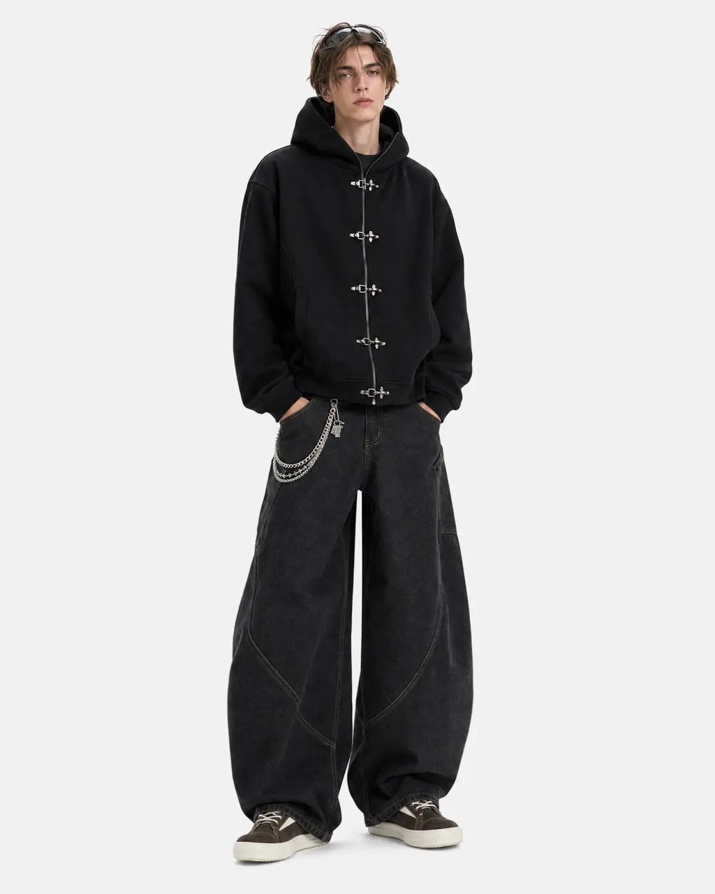 Black Flation Metal Clasp Boxy Zip-Up Hoodie featuring a front metal clasp and relaxed streetwear fit.