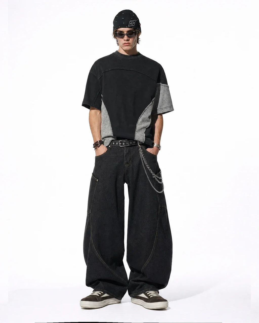 Patchwork washed boxy cropped T-shirt by Flation, featuring a colorful patchwork design and relaxed streetwear style.