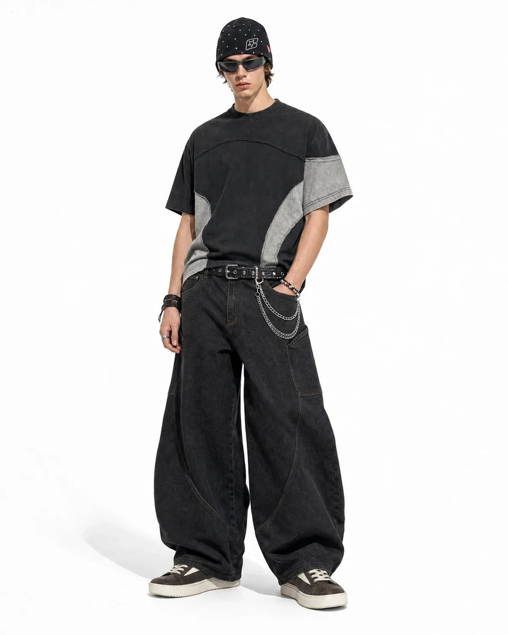 Patchwork washed boxy cropped T-shirt by Flation featuring multicolored fabric panels and a relaxed streetwear style.