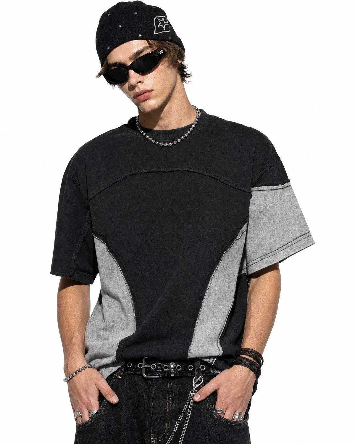 Patchwork washed boxy cropped T-shirt by Flation streetwear, featuring colorful patchwork design and relaxed fit.