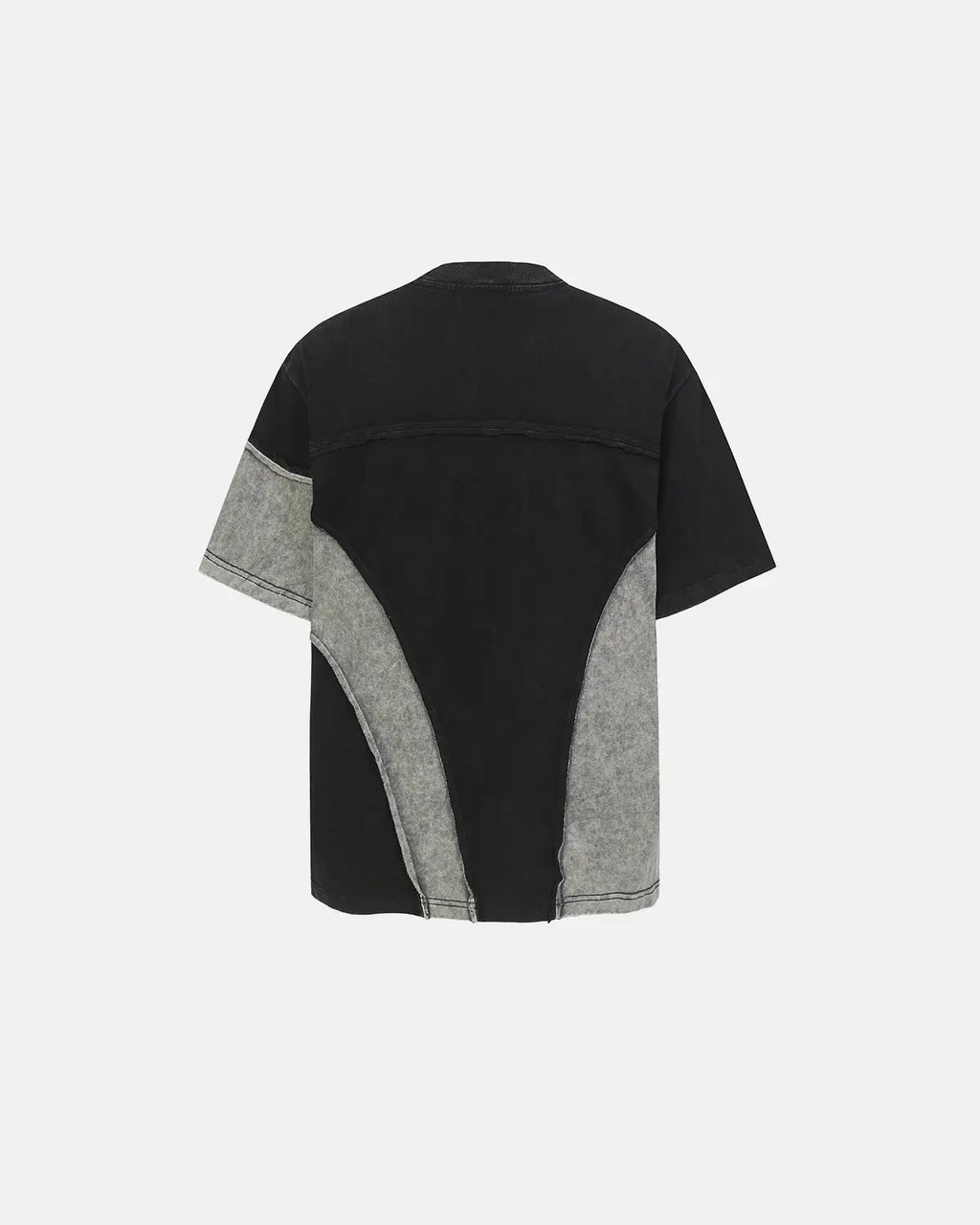 Patchwork washed boxy cropped T-shirt by Flation featuring colorful patchwork design and relaxed streetwear style.