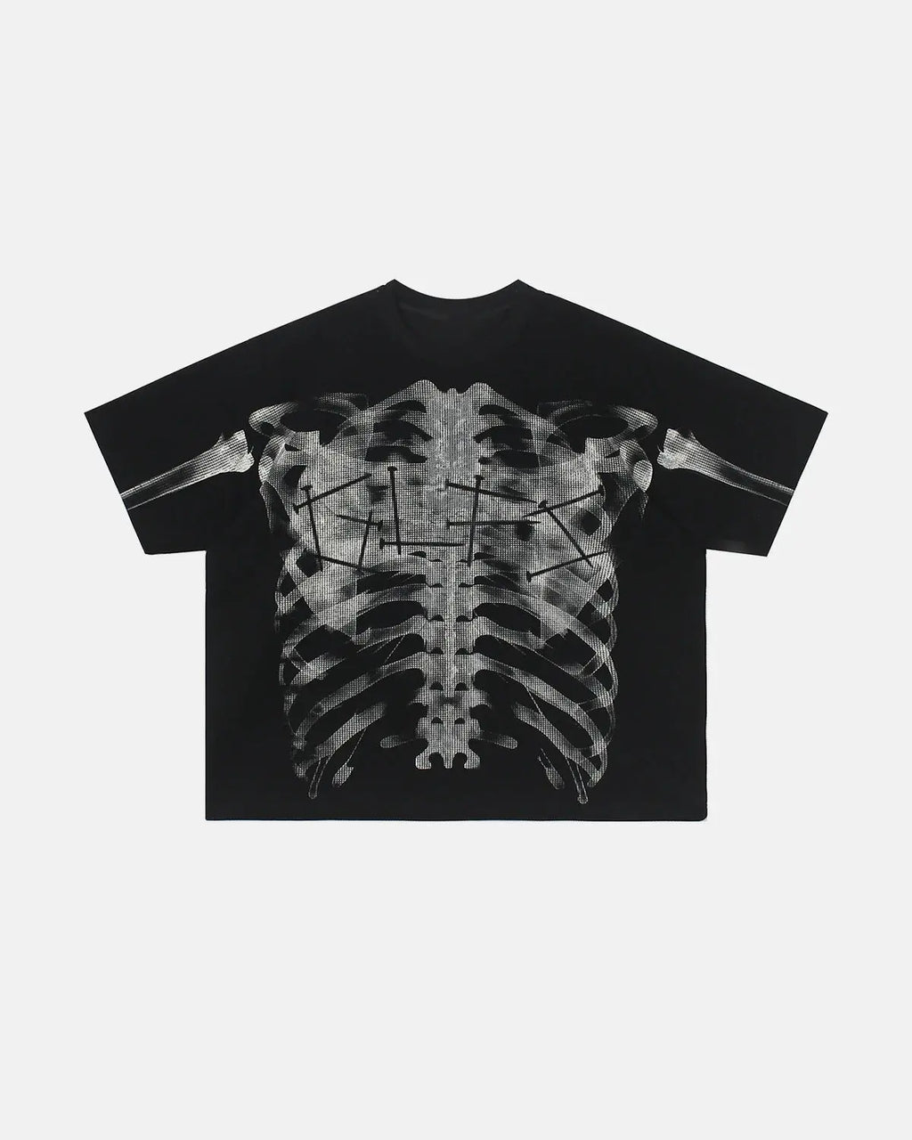 Pink X-ray Skeleton boxy T-shirt from Flation streetwear featuring a bold skeleton graphic on soft fabric.