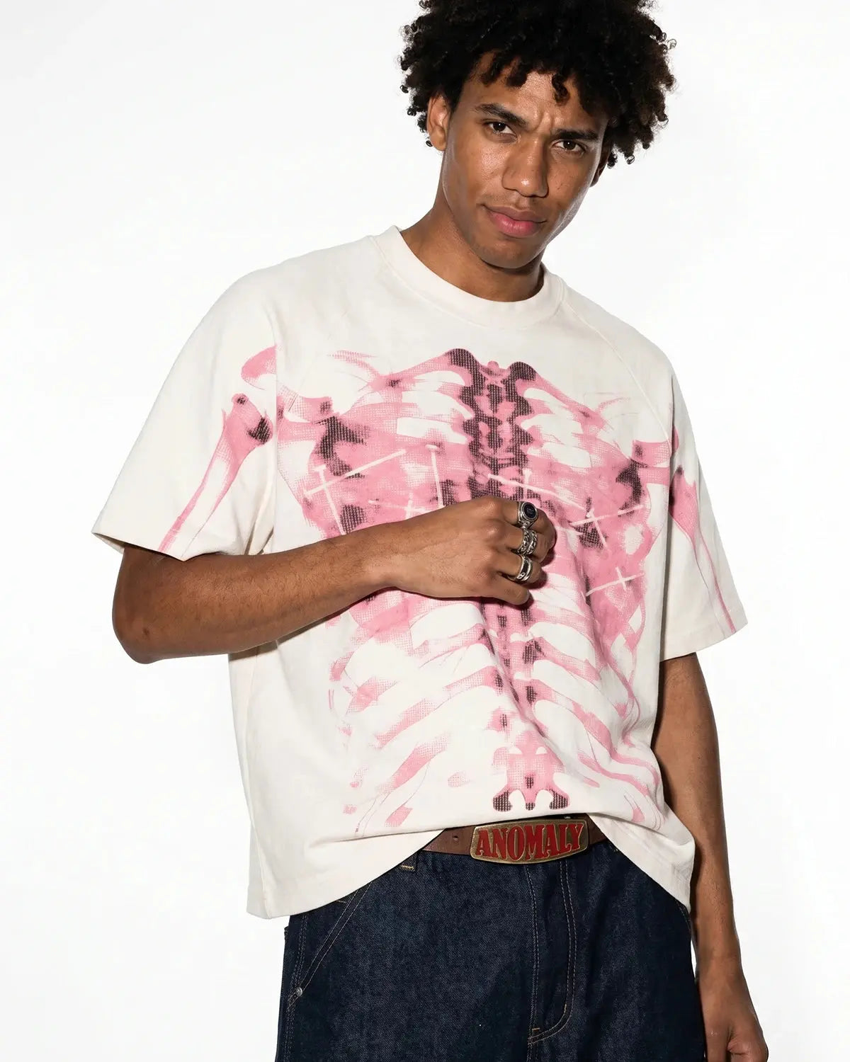 Pink X-Ray Skeleton boxy T-shirt from Flation Streetwear featuring a bold skeleton print on soft fabric.