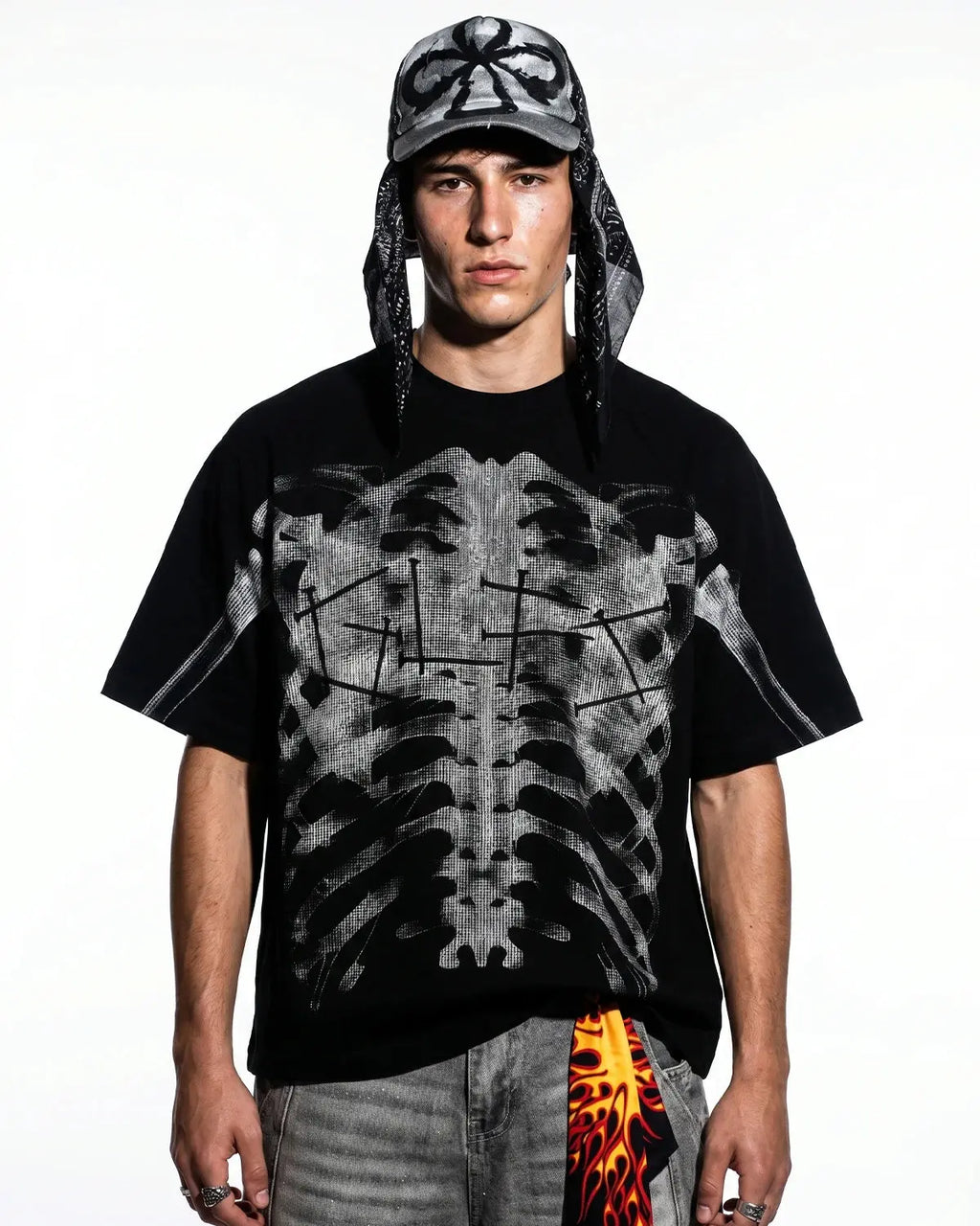 Pink X-ray skeleton boxy T-shirt by Flation featuring a bold skeletal design on soft cotton fabric.