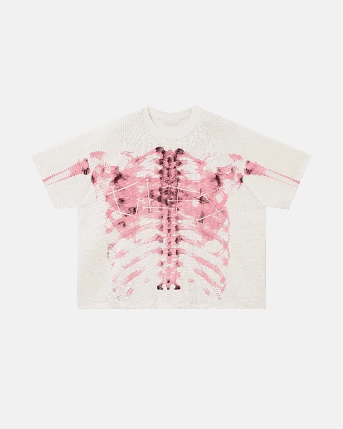 Pink X-ray skeleton boxy T-shirt from Flation Streetwear featuring a graphic print of a skeletal X-ray design.